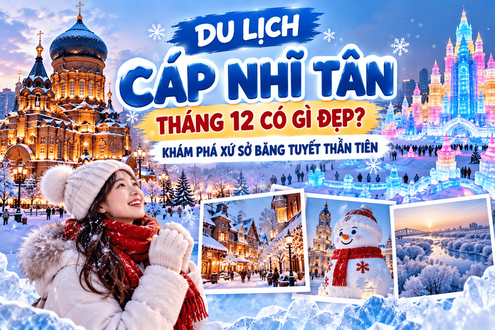 Du lịch Cáp Nhĩ Tân tháng 12 khám phá xứ sở băng tuyết Trung Quốc với Nhà thờ Saint Sophia, công trình băng đăng rực rỡ và phong cảnh mùa đông tuyệt đẹp.